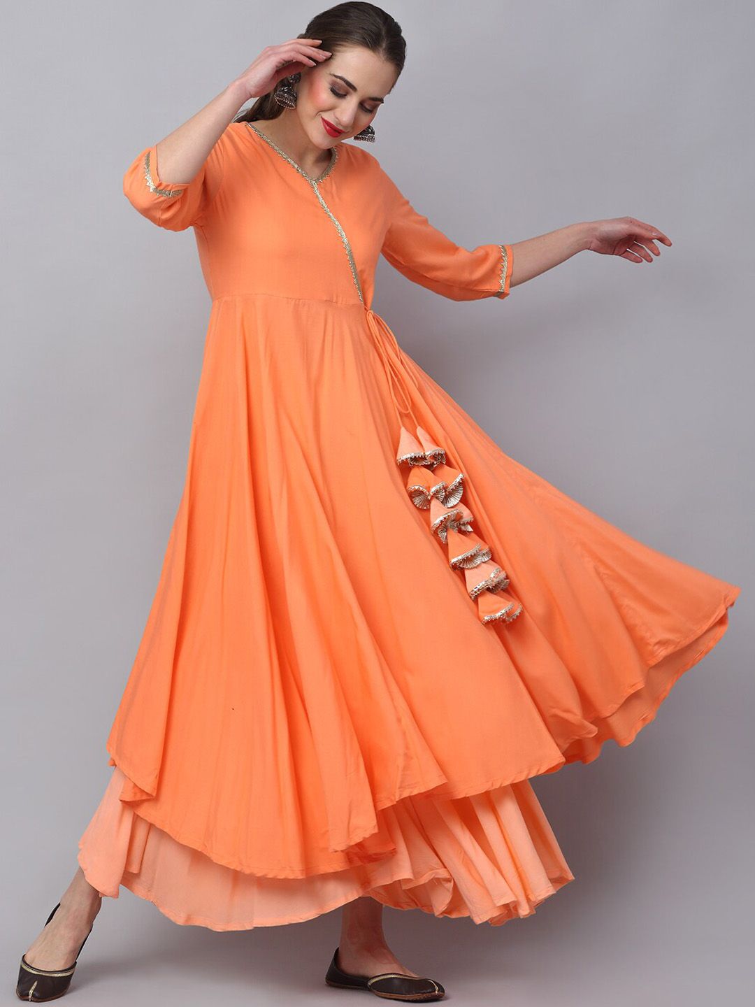 Rudra Bazaar Women Orange Angrakha Gotta Patti Kurta with Sharara Price in India