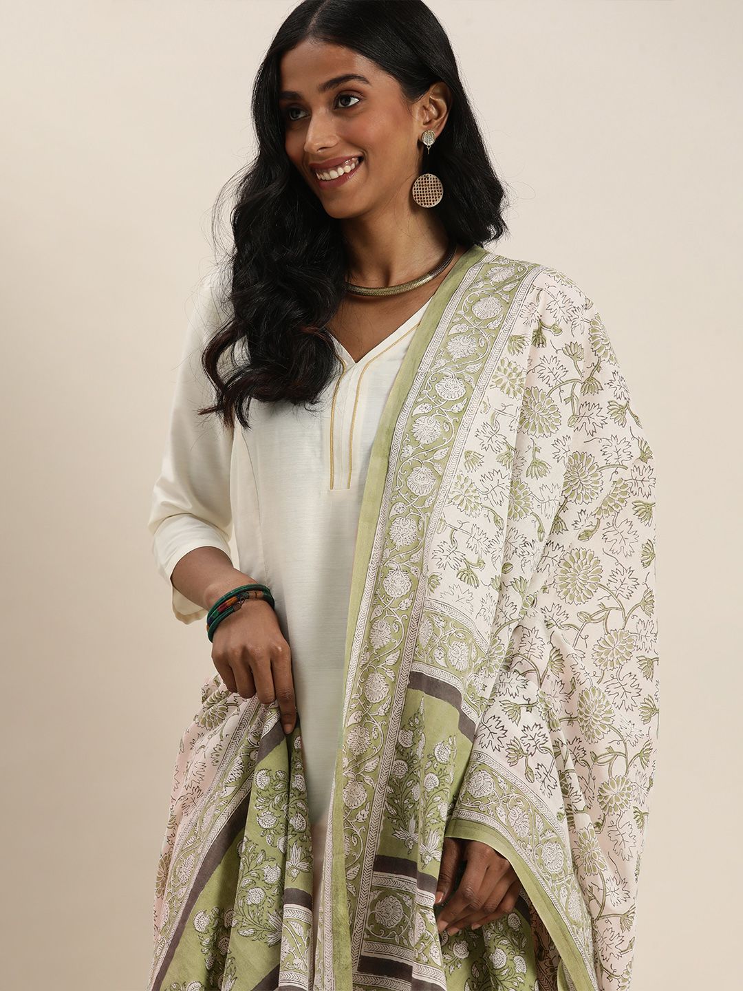 Taavi Women Off-White & Green Pure Cotton Block Print Legacy Dupatta Price in India