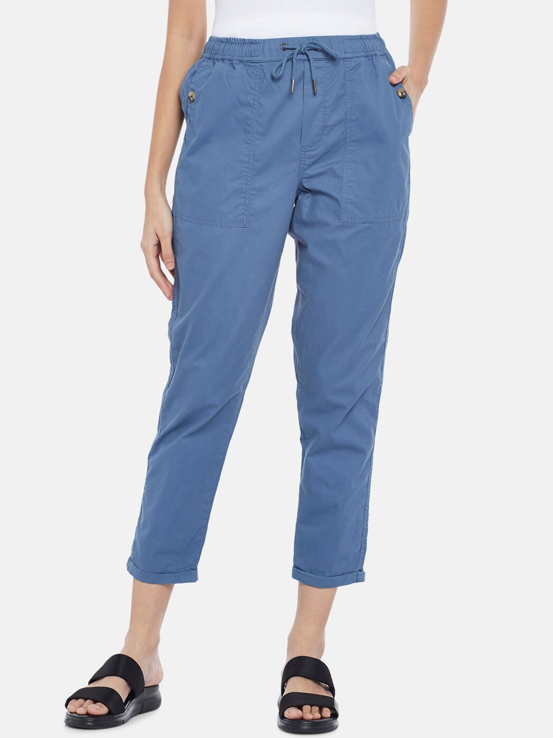 Honey by Pantaloons Women Blue Solid Cotton Trousers Price in India