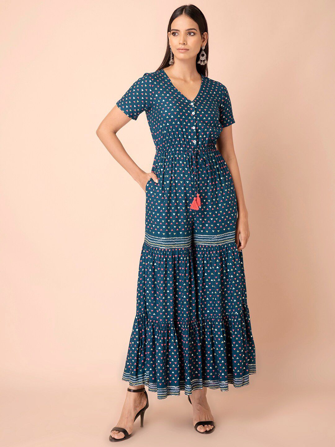 INDYA Women Blue Printed Tiered Drawstring Jumpsuit Price in India