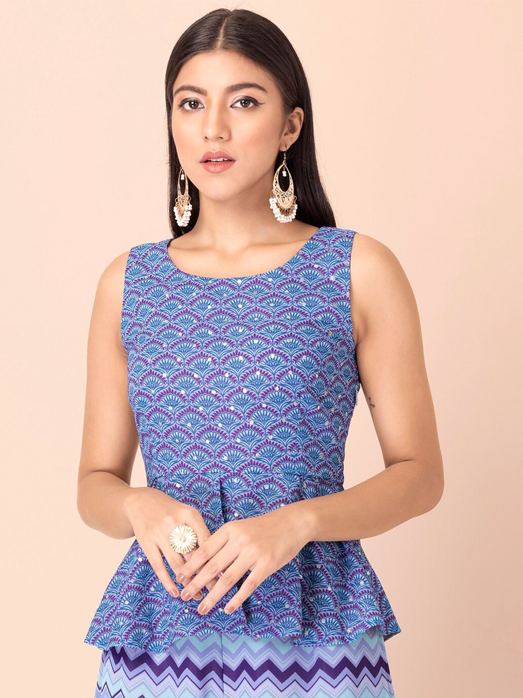 INDYA Purple Geometric Print Georgette Peplum Top
