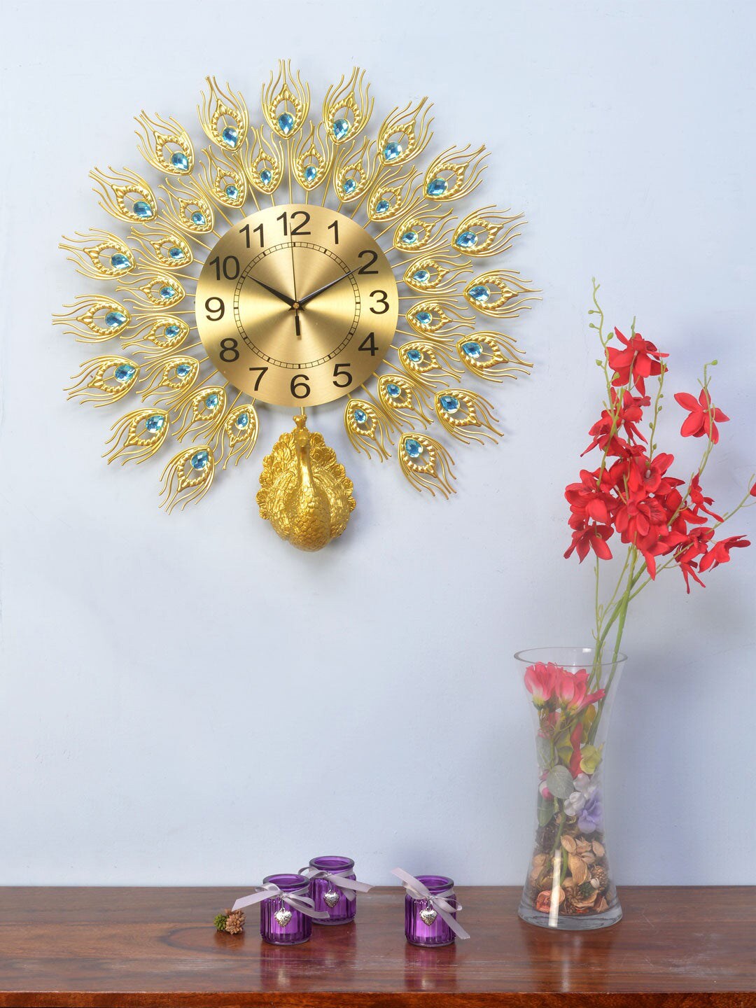 Athome by Nilkamal Gold-Toned & Blue Contemporary Wall Clock Price in India