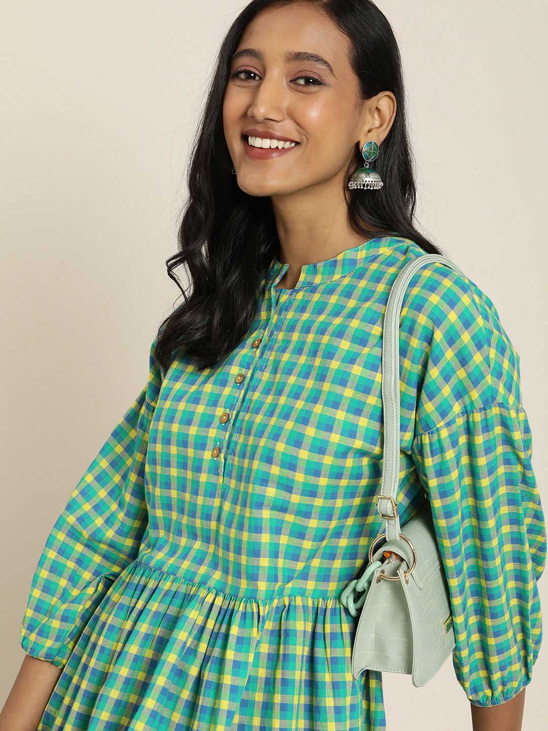 Taavi Women Green & Yellow Woven Legacy Checked  A-Line Dress with Mandarin Collar Price in India