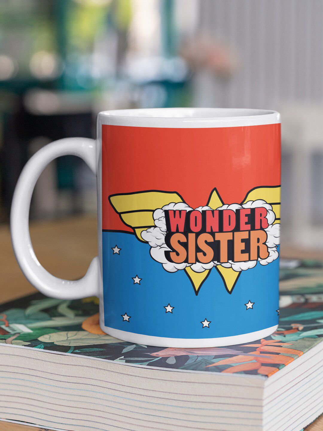 Oye Happy Women Blue & White Printed Wonder Sister Mug Price in India