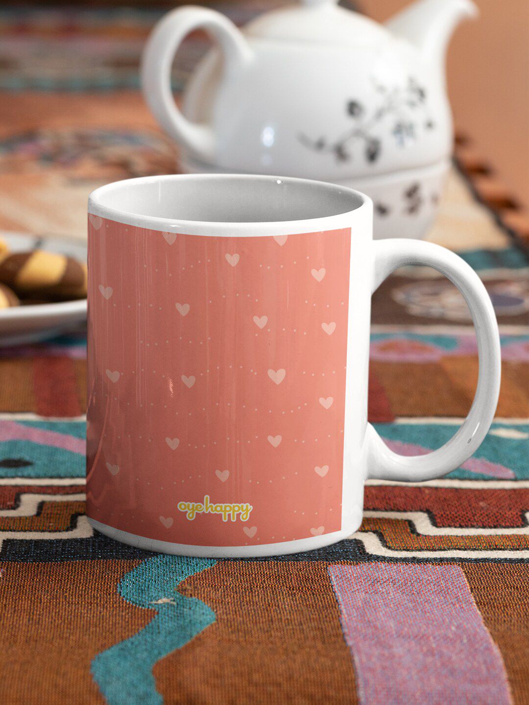 Oye Happy Pink & White Printed Ceramic Glossy Mug Price in India