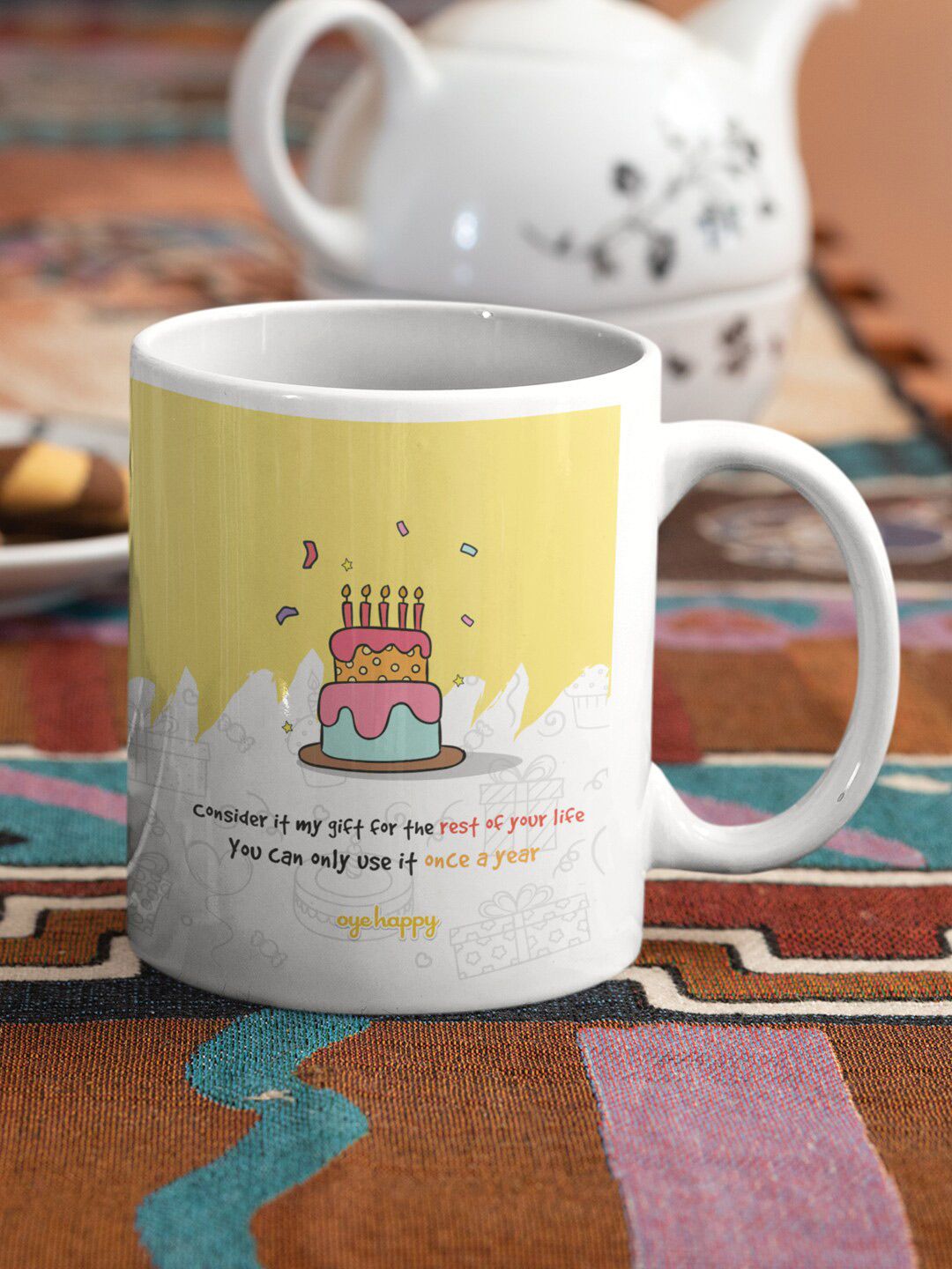 Oye Happy White & Yellow Printed Ceramic Glossy Mugs Set of Cups and Mugs Price in India