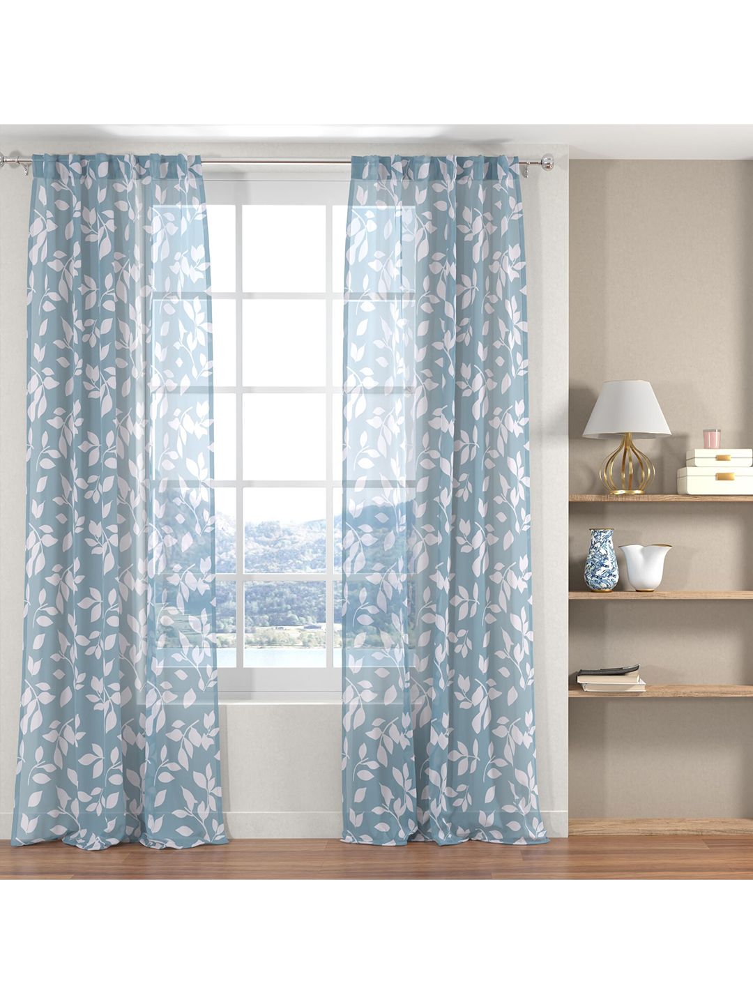 URBAN SPACE Set of 2 Blue & White Floral Sheer Door Curtain Price in India