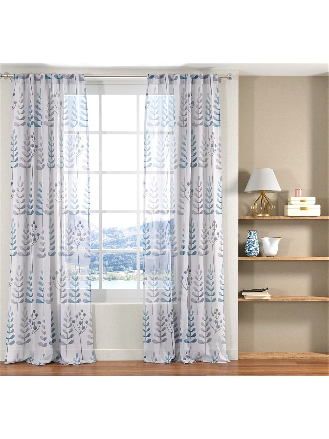 URBAN SPACE Blue & White Set of 2 Floral Sheer Window Curtain Price in India
