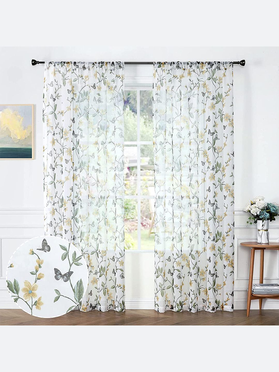 URBAN SPACE White & Yellow Set of 2 Floral Sheer Long Door Curtain Price in India