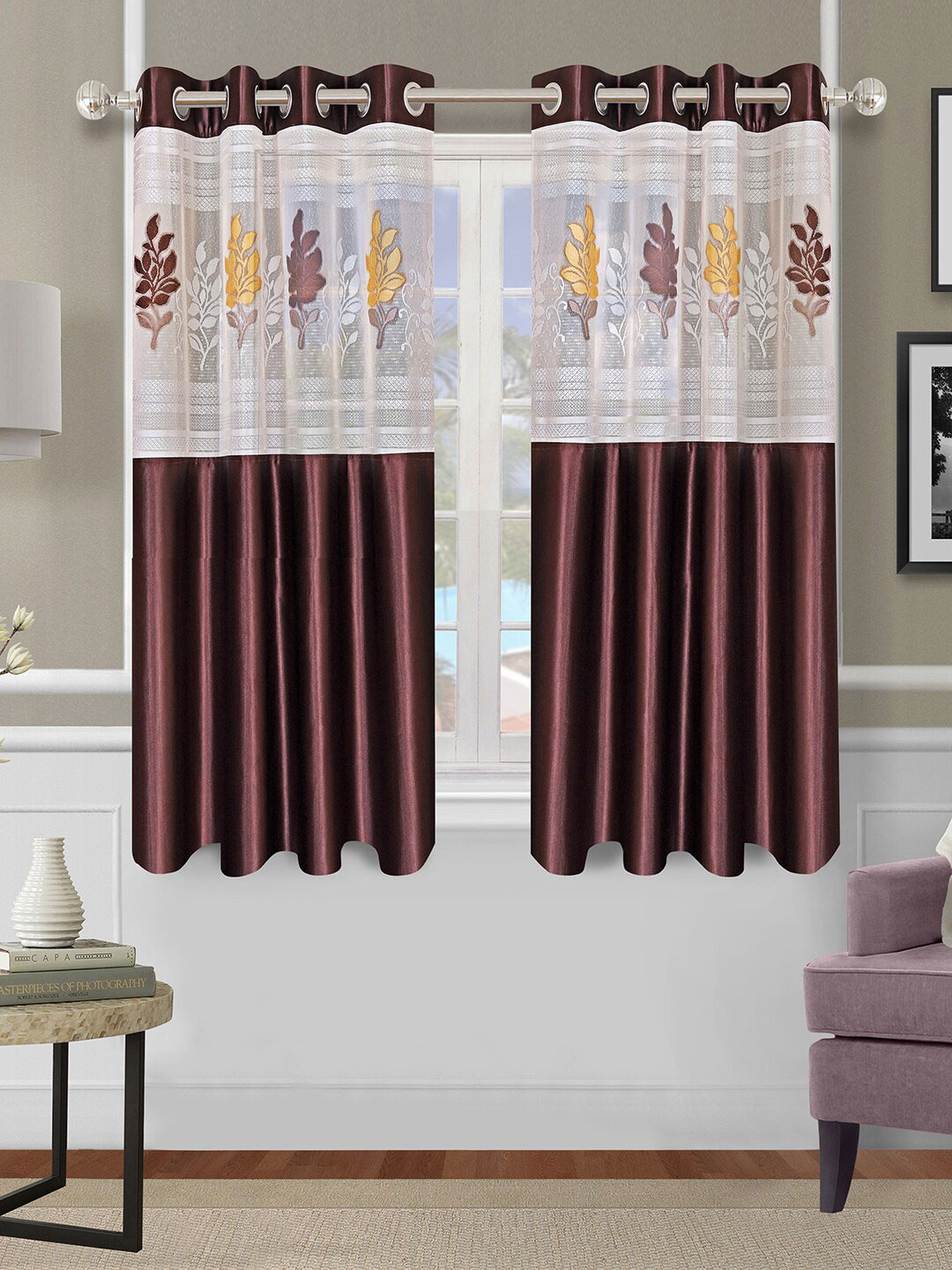 ROMEE Brown & White Set of 2 Floral Sheer Window Curtain Price in India