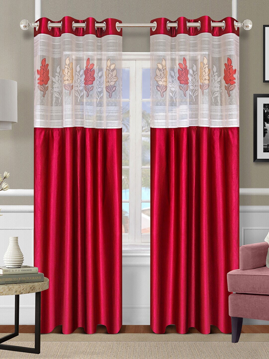 ROMEE Red & White Set of 2 Floral Sheer Long Door Curtain Price in India