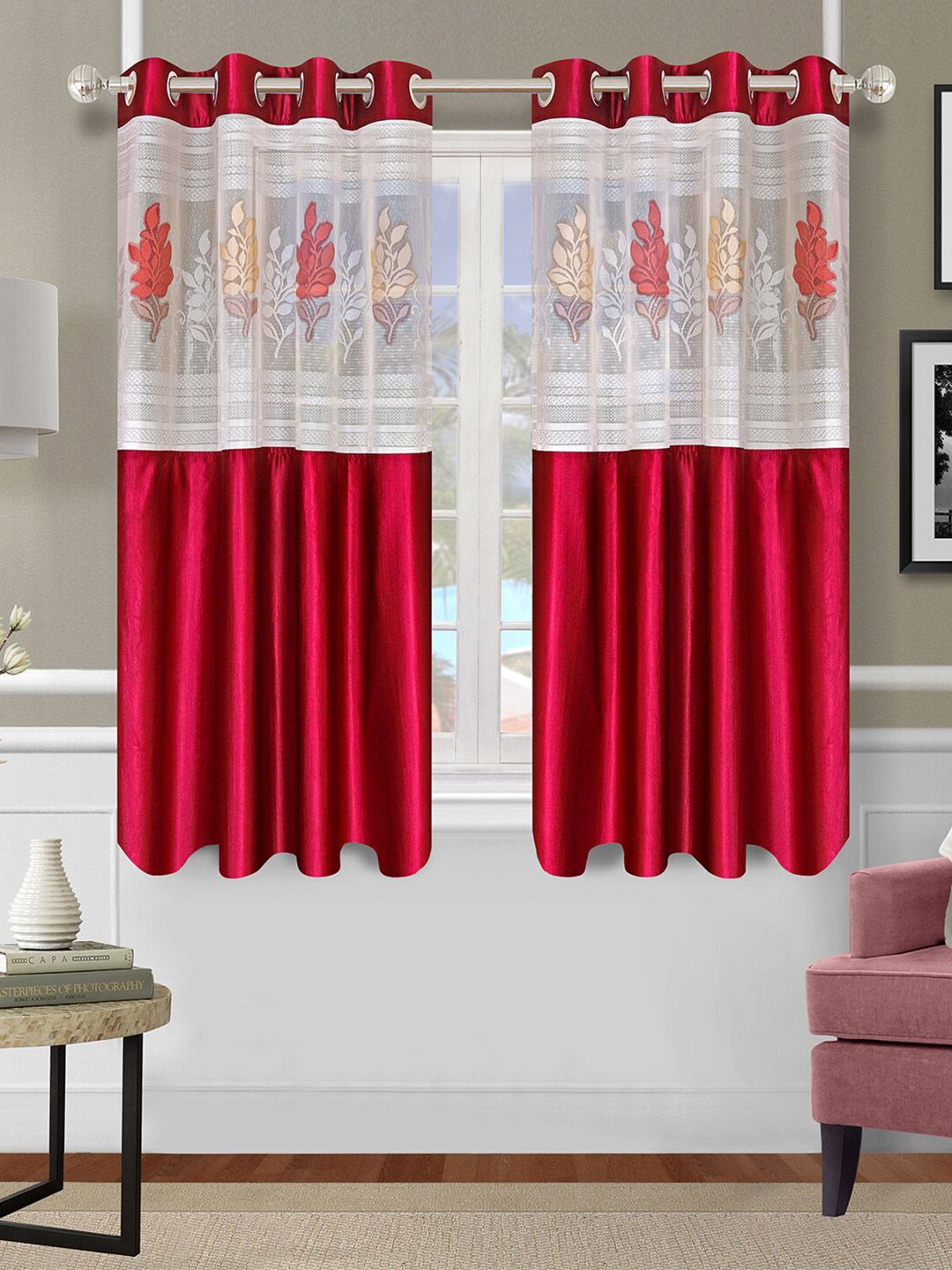 ROMEE Set Of 2 Red & White Floral Window Curtain Price in India