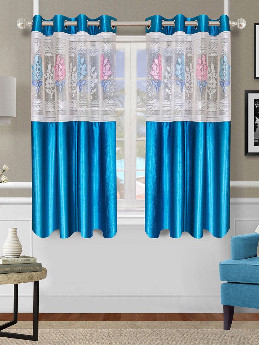 ROMEE Turquoise Blue & White Set of 2 Floral Sheer Window Curtain Price in India