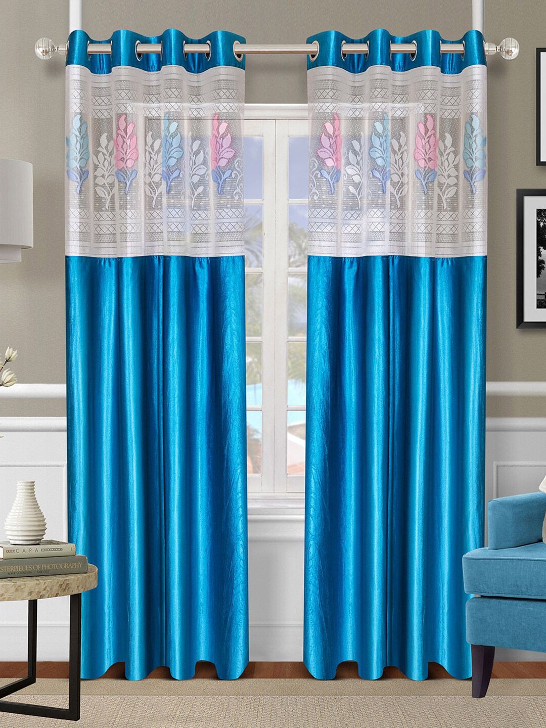 ROMEE Turquoise Set of 2 Blue & White Floral Sheer Door Curtain Price in India