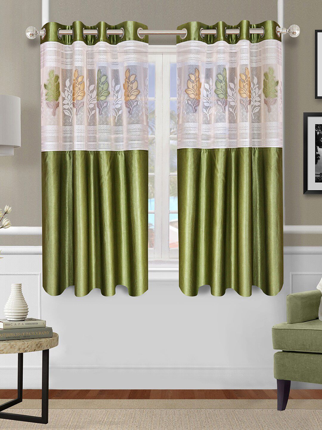 ROMEE Set Of 2 Green Floral Printed Polyester Window Curtains Price in India
