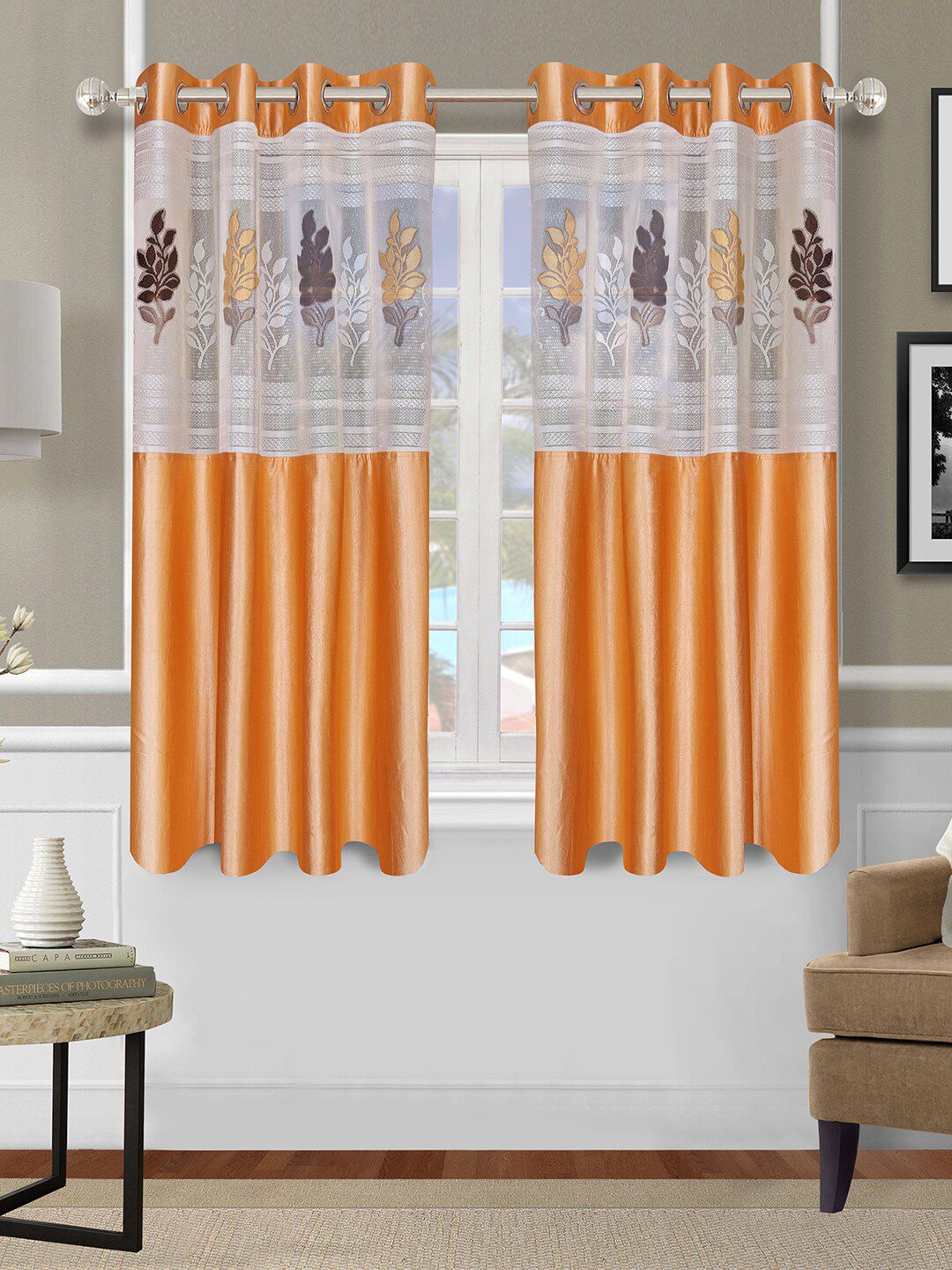 ROMEE Gold-Toned & White Set of 2 Floral Sheer Window Curtain Price in India
