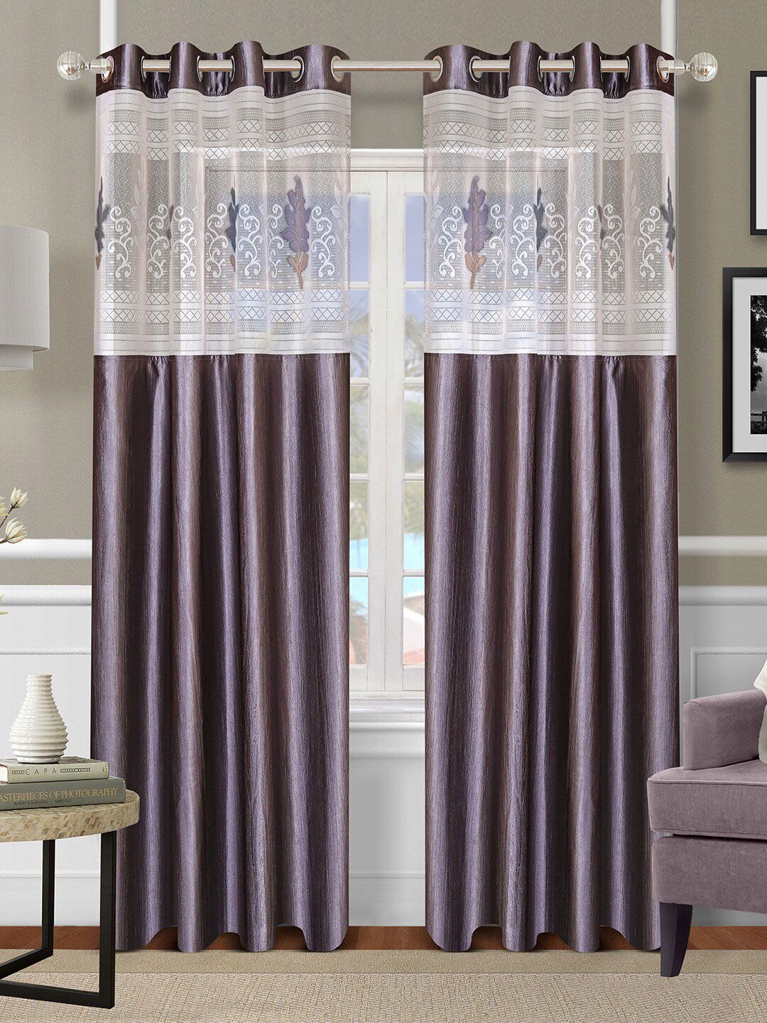 ROMEE Grey & White Set of 2 Floral Sheer Long Door Curtain Price in India