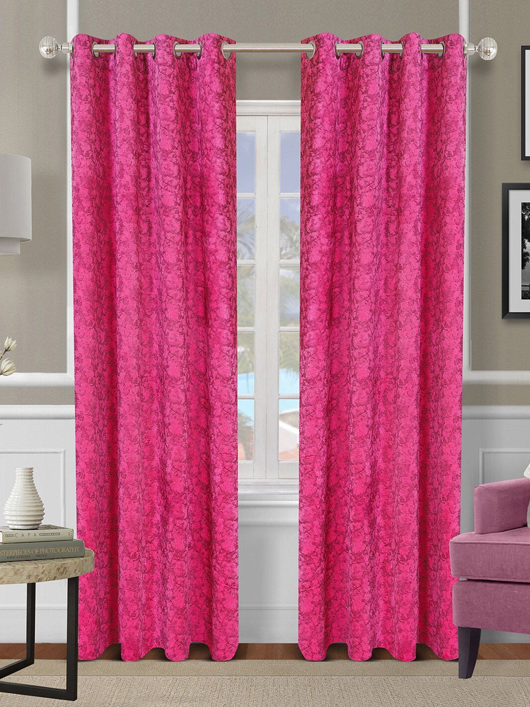 ROMEE Pink Set of 2 Room Darkening Jacquard Door Curtains Price in India