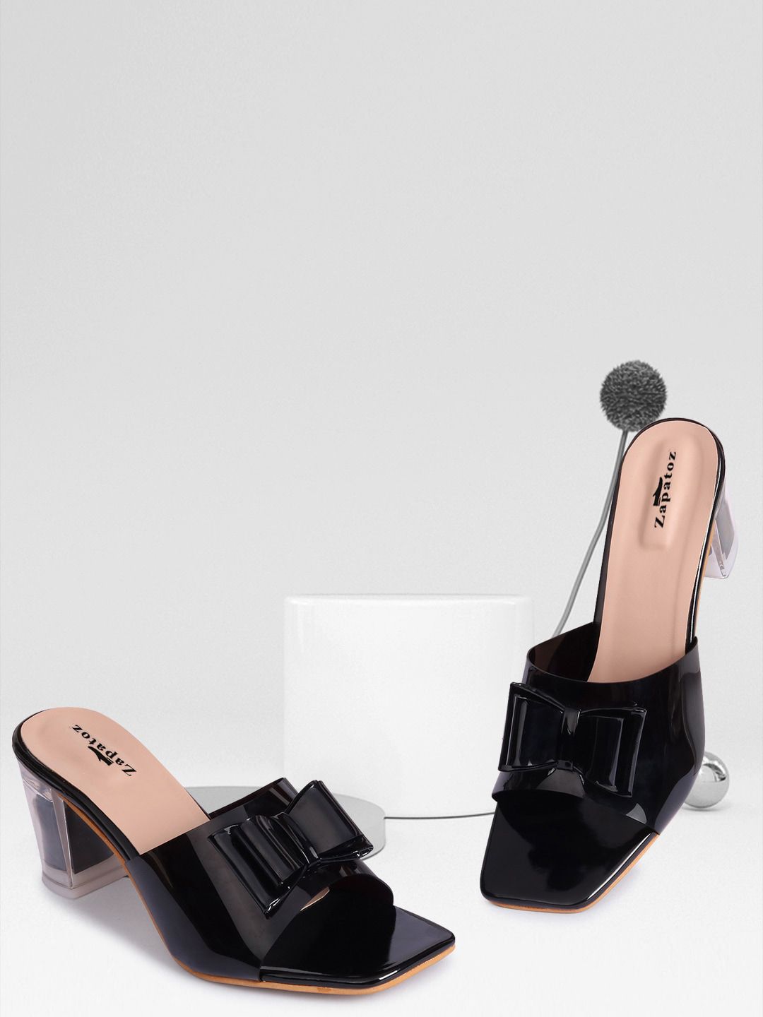 ZAPATOZ Black PU Block Heels with Bows Price in India