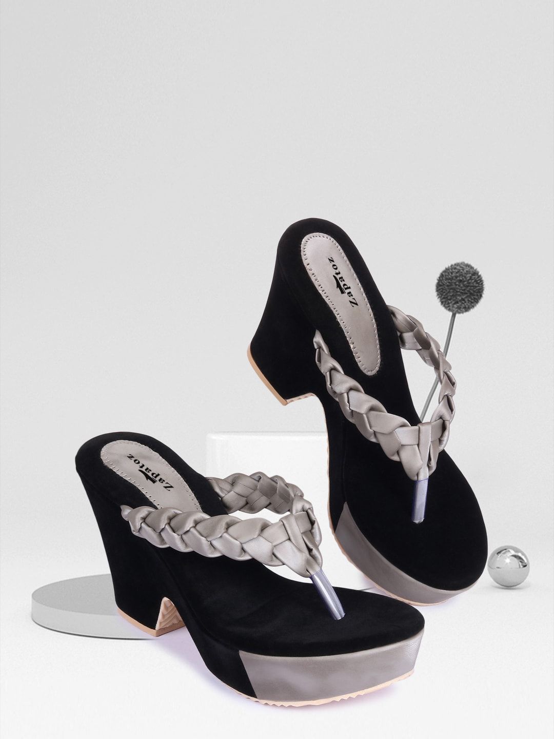 ZAPATOZ Grey & Black Suede Platform Sandals Price in India