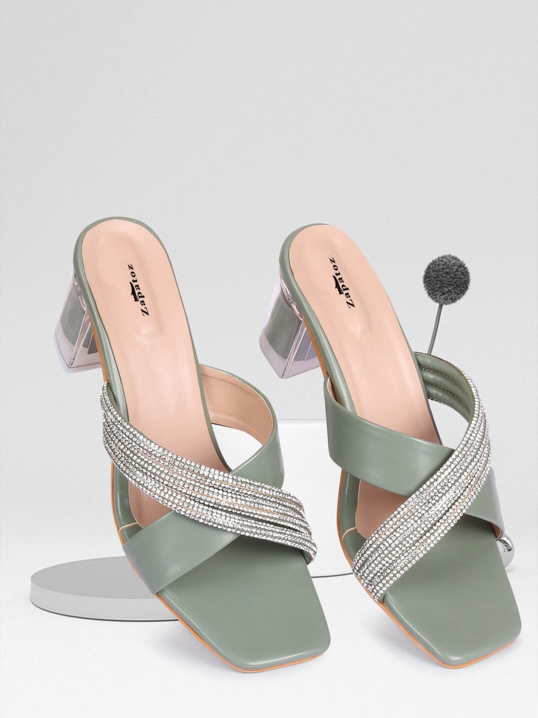 ZAPATOZ Green & Silver-Toned Embellished Party Block Heels Price in India