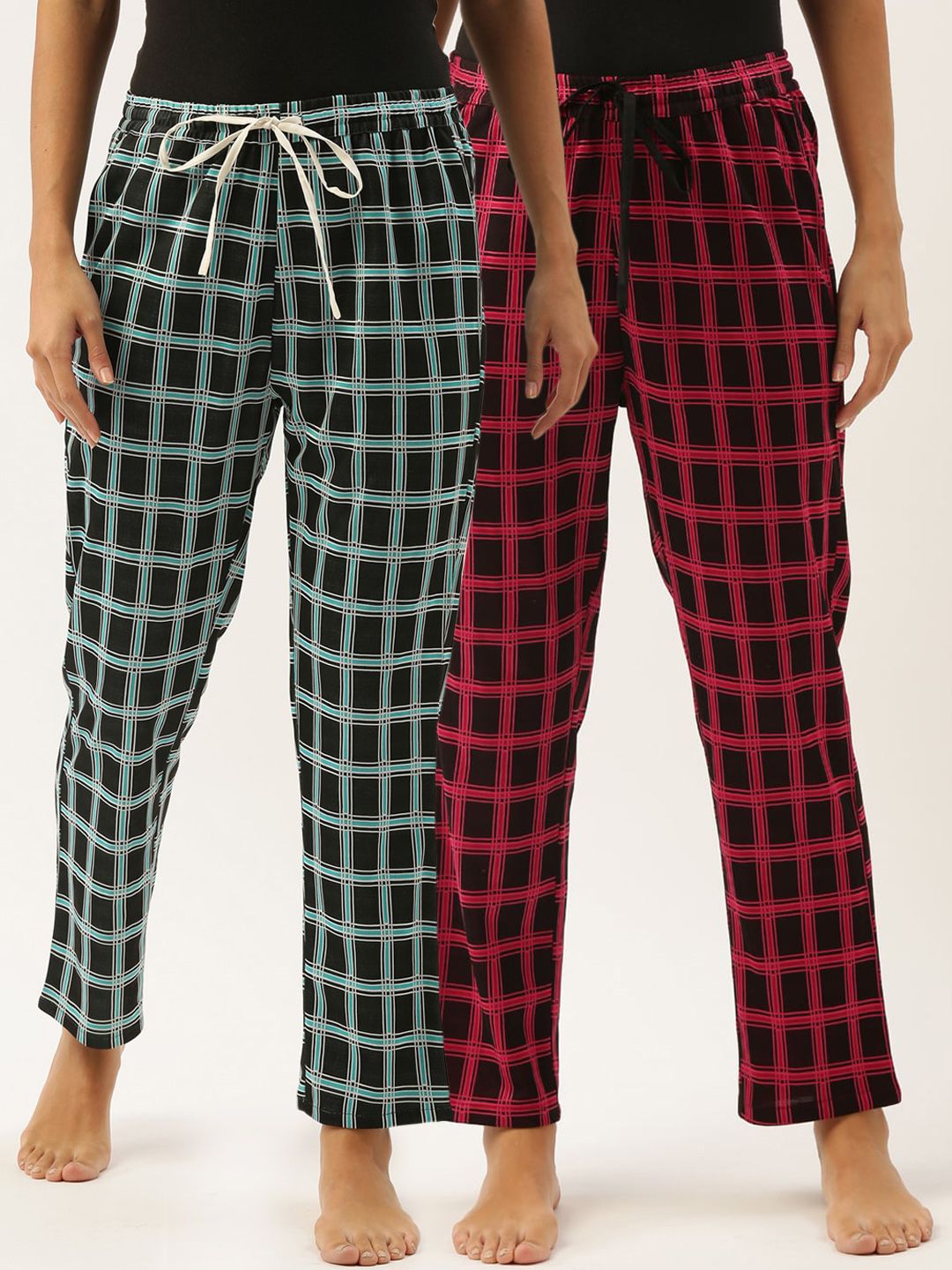 Bannos Swagger Women Pack Of 2 Pink & Green Checked Lounge Pants Price in India