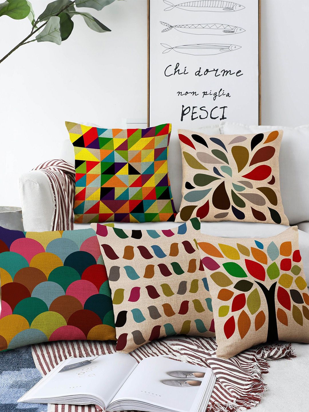 AEROHAVEN Multicoloured Set of 5 Geometric Printed Square Cushion Covers Price in India