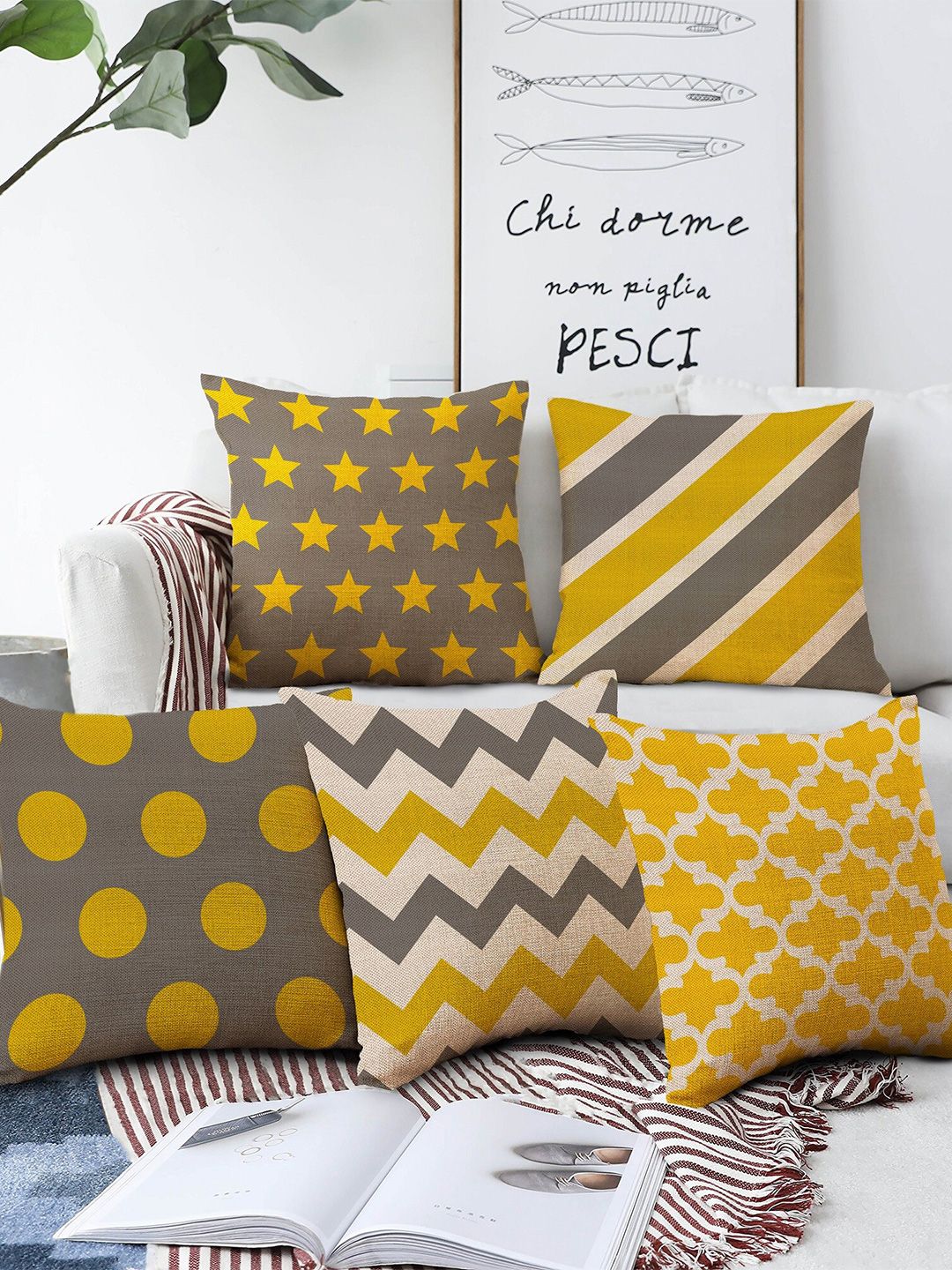 AEROHAVEN Yellow & Grey Set of 5 16"X16" Geometric Printed Square Cushion Covers Price in India
