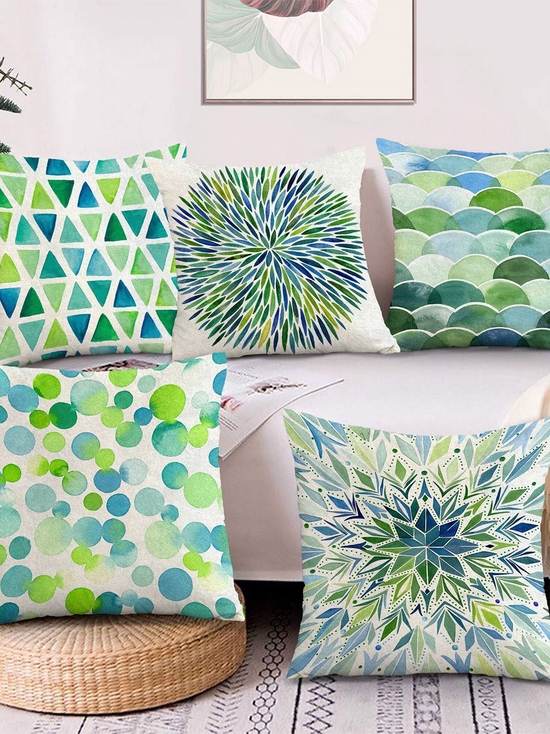 AEROHAVEN Blue & Green Set of 5 Quirky Printed Velvet Square Cushion Covers Price in India