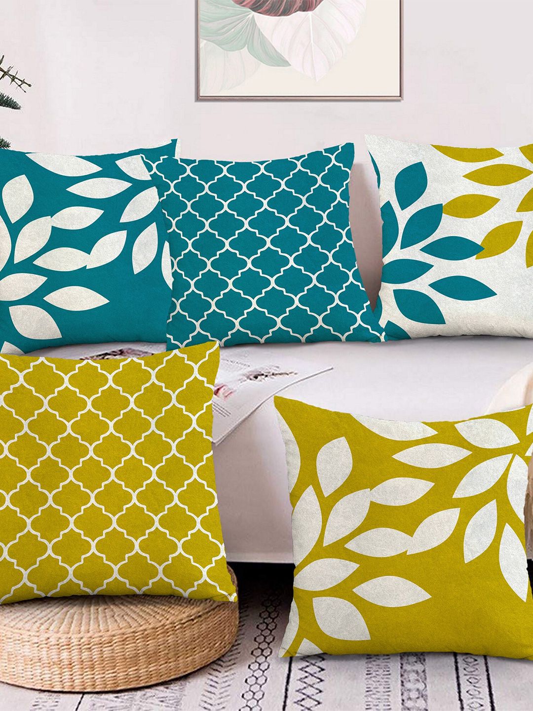 AEROHAVEN Green & White Set of 5 Abstract Velvet Square Cushion Covers Price in India