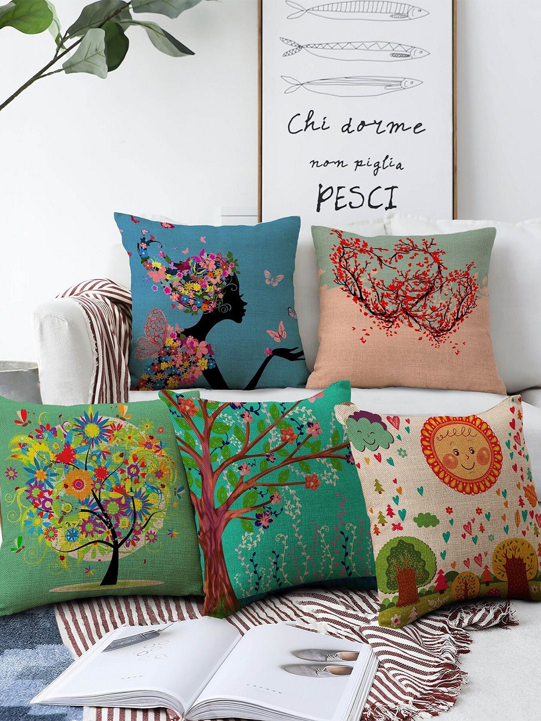 AEROHAVEN Multi Color Set Of 5 Quirky Printed Square Cushion Covers Price in India