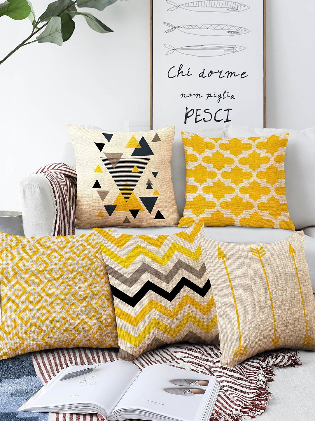 AEROHAVEN Beige, Black & Yellow Set of 5 Geometric Square Cushion Covers Price in India