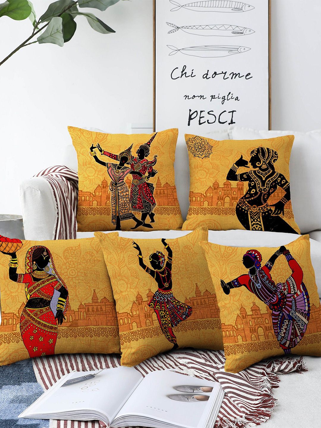 AEROHAVEN Yellow & Black Set Of 5 Ethnic Printed Square Cushion Covers Price in India