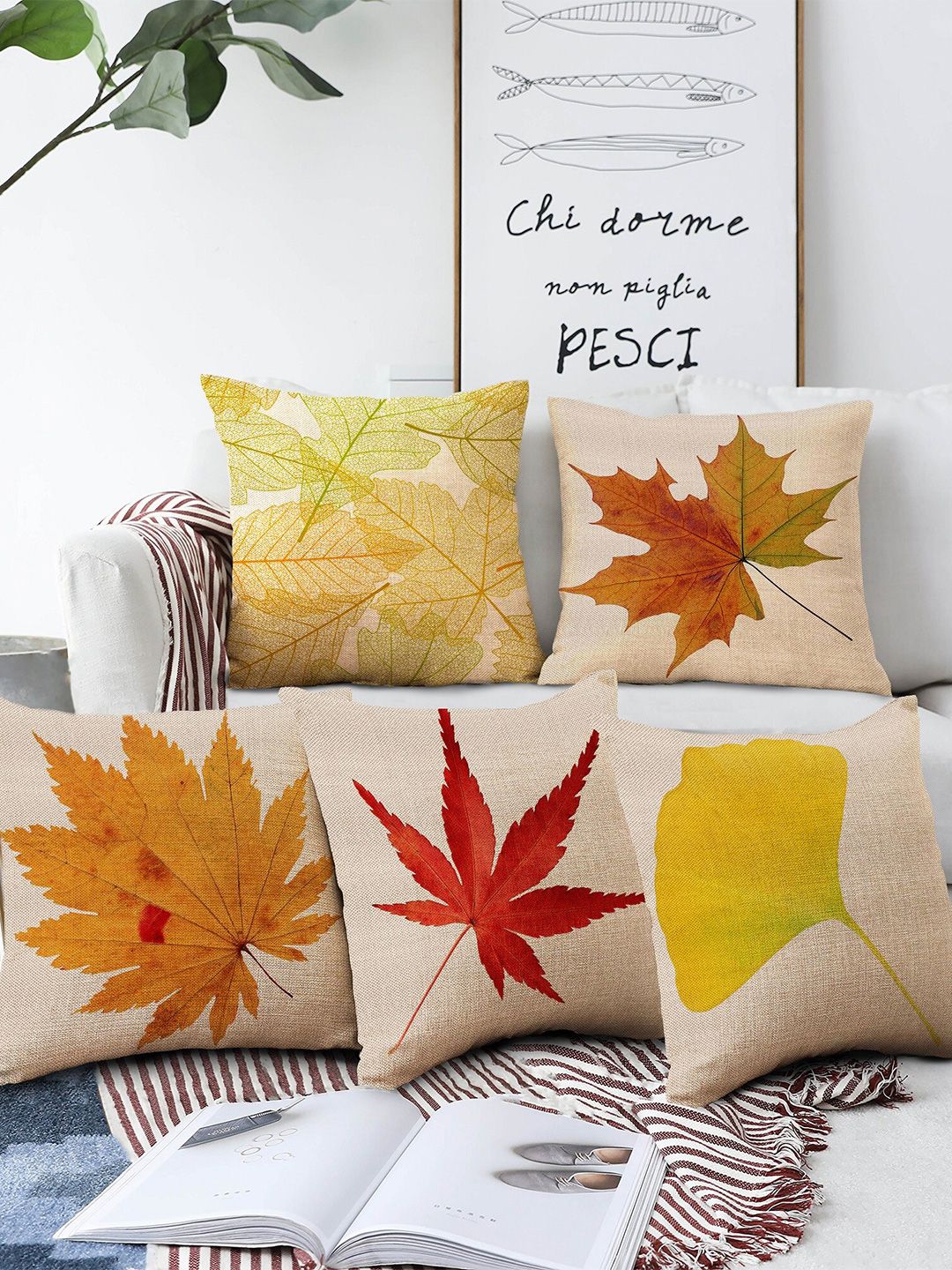 AEROHAVEN Beige & Yellow Set of 5 Quirky Printed Square Cushion Covers Price in India