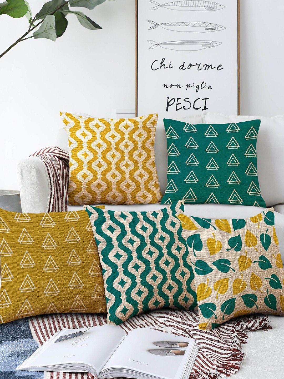 AEROHAVEN Multi Color Set Of 5 Geometric Printed Square Cushion Covers Price in India