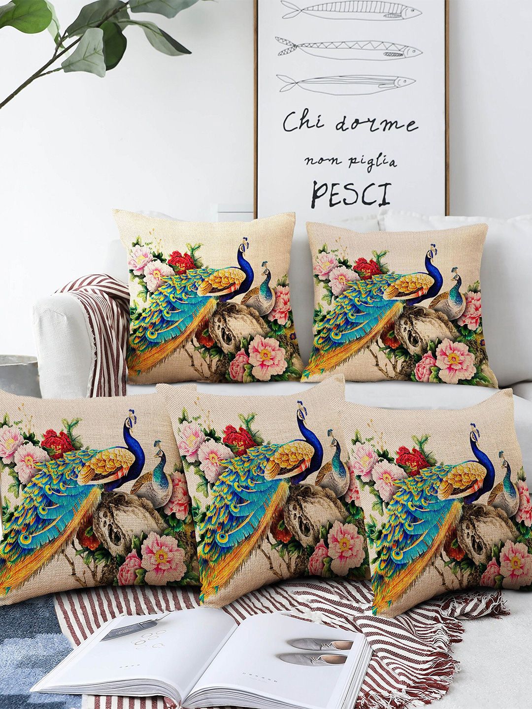 AEROHAVEN Beige & Green Set of 5 Quirky Square Cushion Covers Price in India