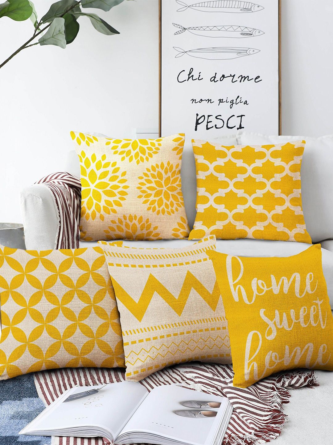 AEROHAVEN Beige & Mustard Set of 5 Geometric Printed Square Cushion Covers Price in India
