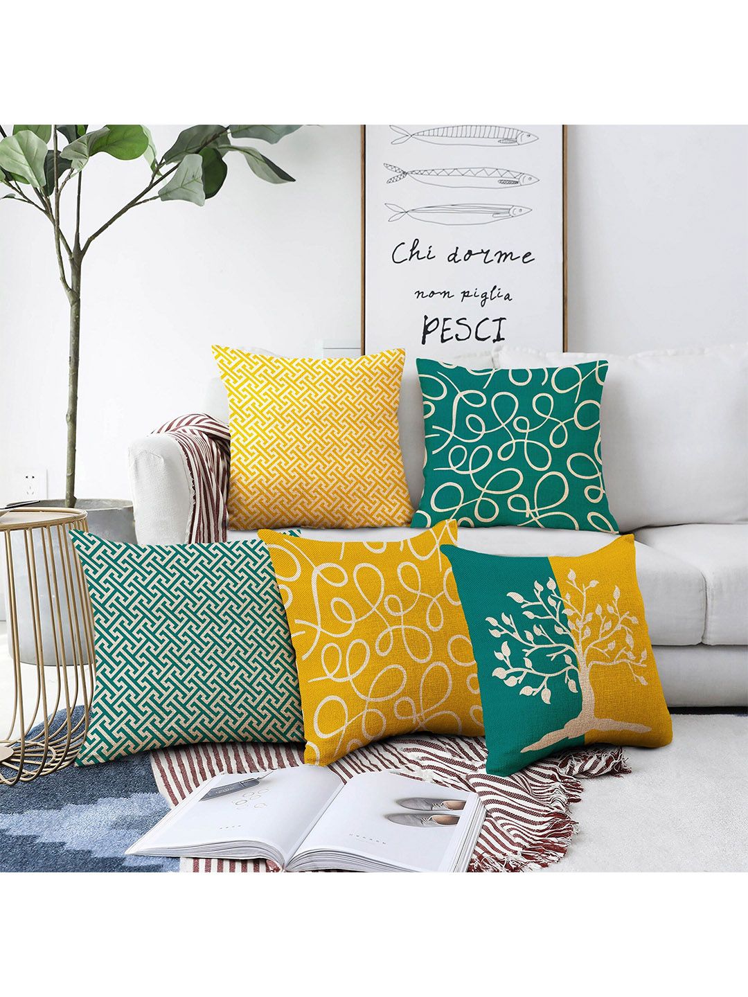 AEROHAVEN Green & Yellow Set of 5 Floral Printed Square Cushion Covers Price in India