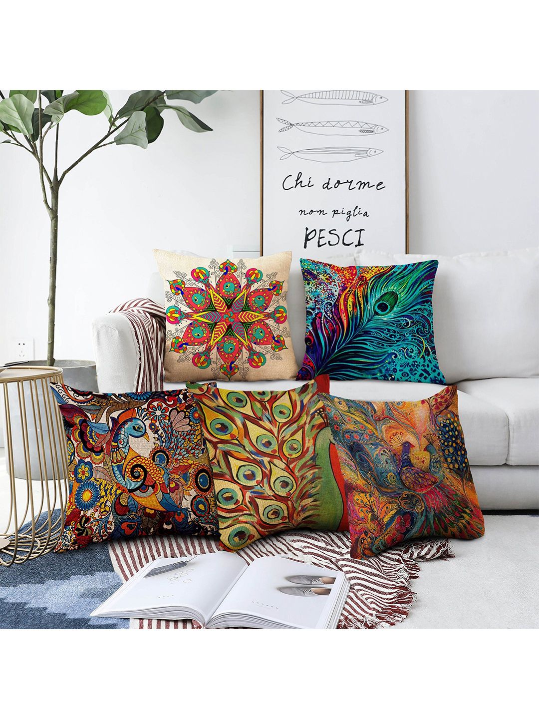 AEROHAVEN Beige & Blue Set of 5 Quirky Printed Square Cushion Covers Price in India