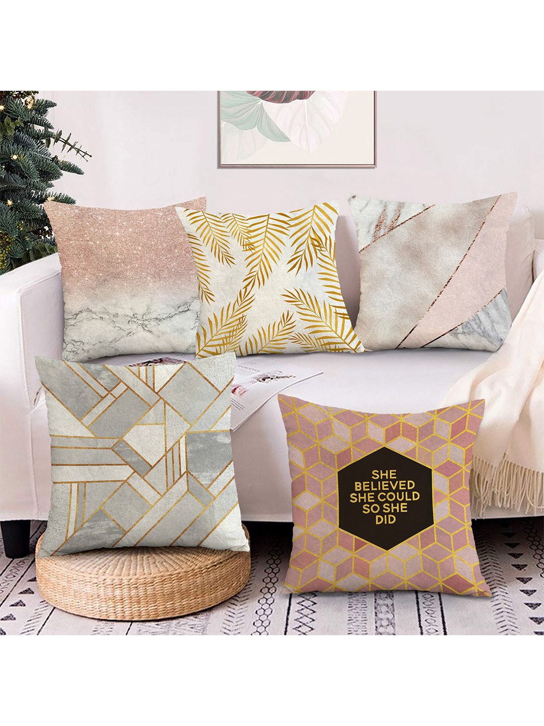 AEROHAVEN Peach-Coloured & Grey Set of 5 Quirky Velvet Square Cushion Covers Price in India