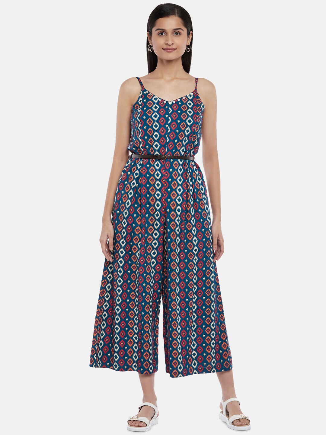 People Blue & White Liva Printed Basic Jumpsuit Price in India