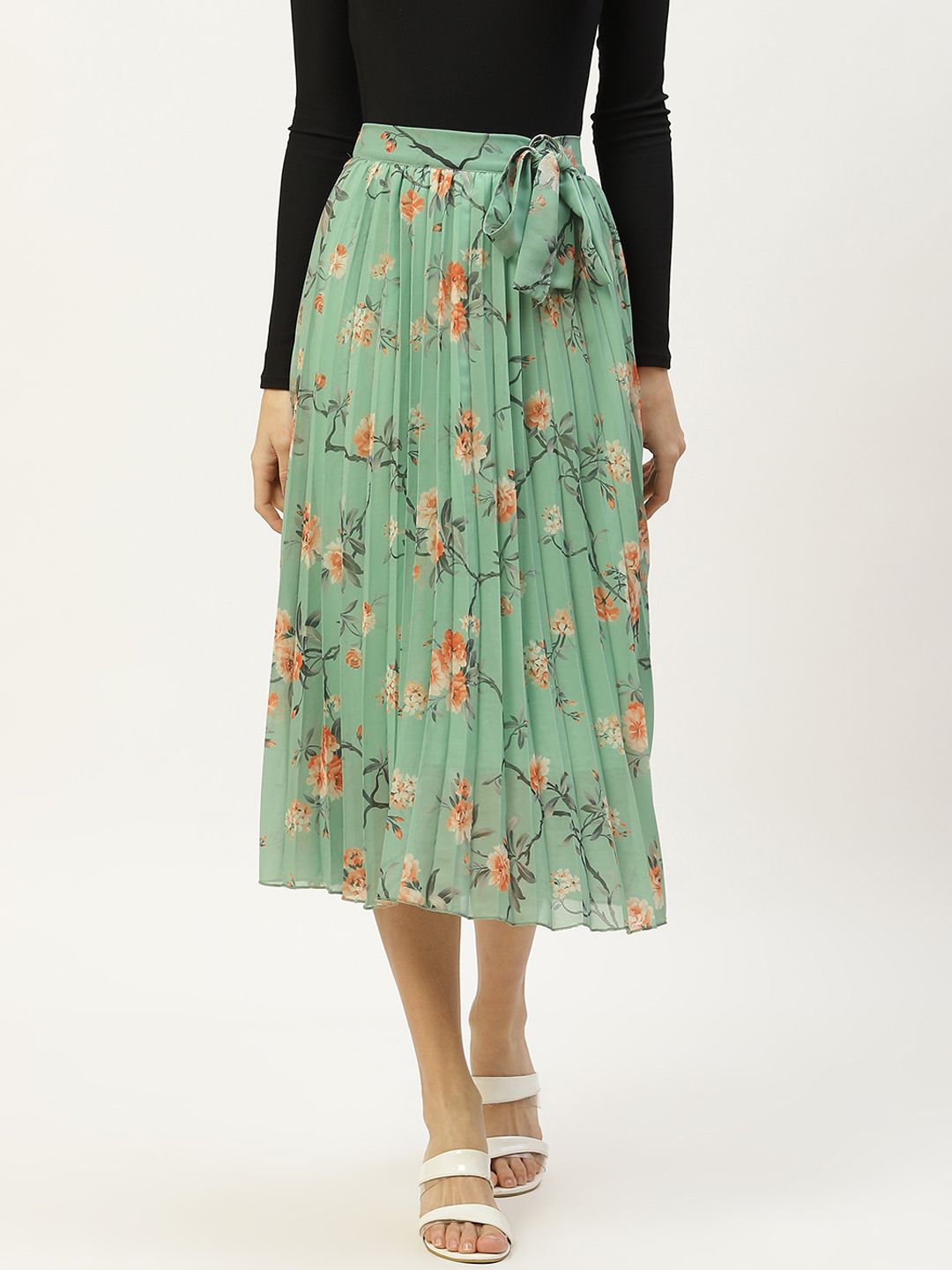 Off label Women Green & Orange Floral Printed Accordion Pleated Flared Belted Skirt