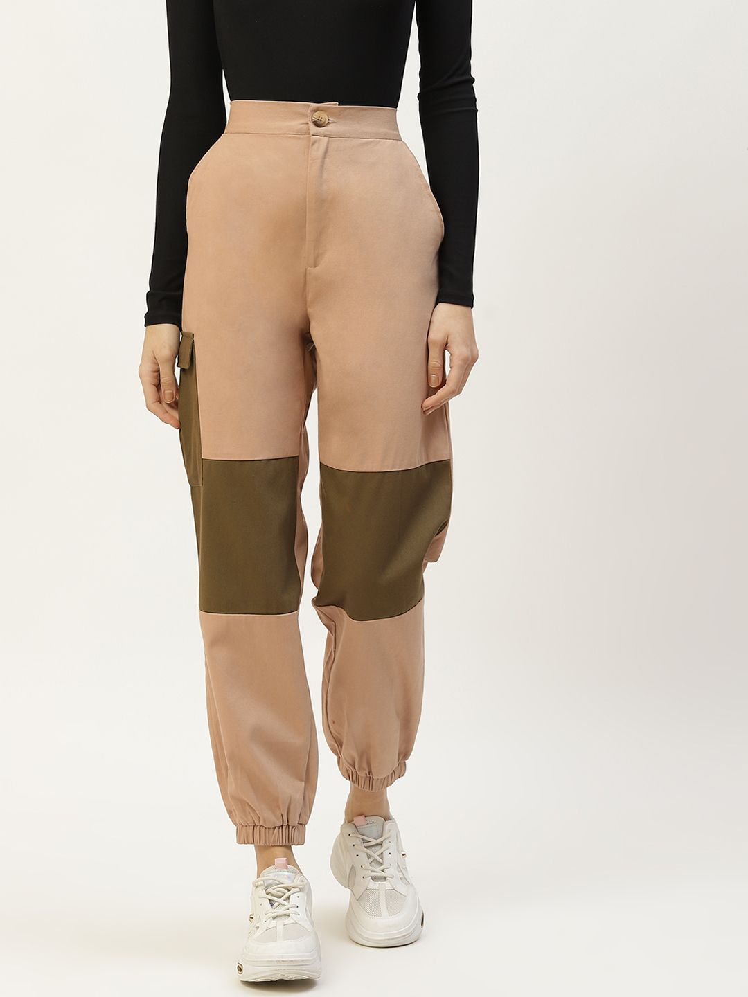 Off Label Women Beige & Olive Green Colourblocked High-Rise Joggers Trousers Price in India