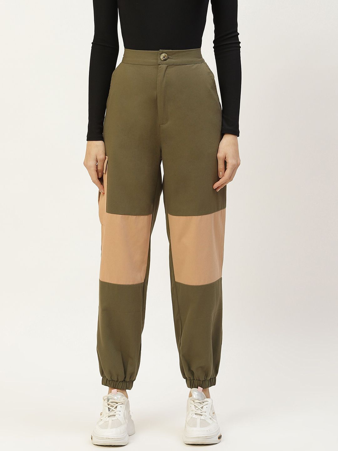 Off Label Women Olive Green & Beige Colourblocked High-Rise Joggers Trousers Price in India