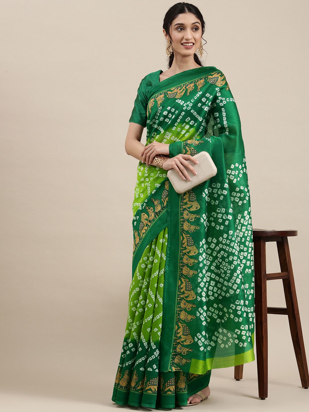 KALINI Green & White Bandhani Art Silk Saree