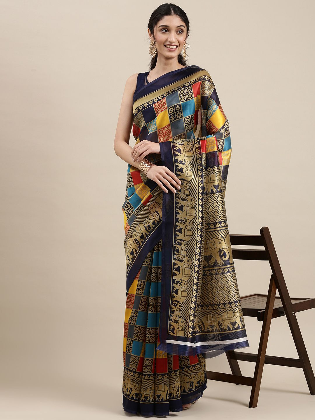 KALINI Navy Blue & Beige Ethnic Motifs Art Silk Saree