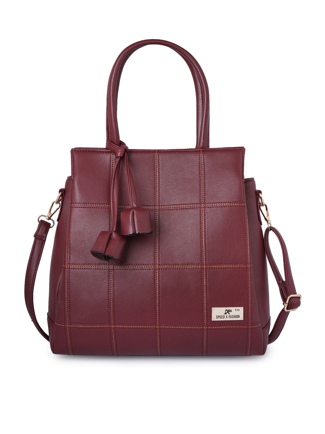 SXF SPEED X FASHION Maroon Checked PU Structured Handheld Bag with Tasselled Price in India