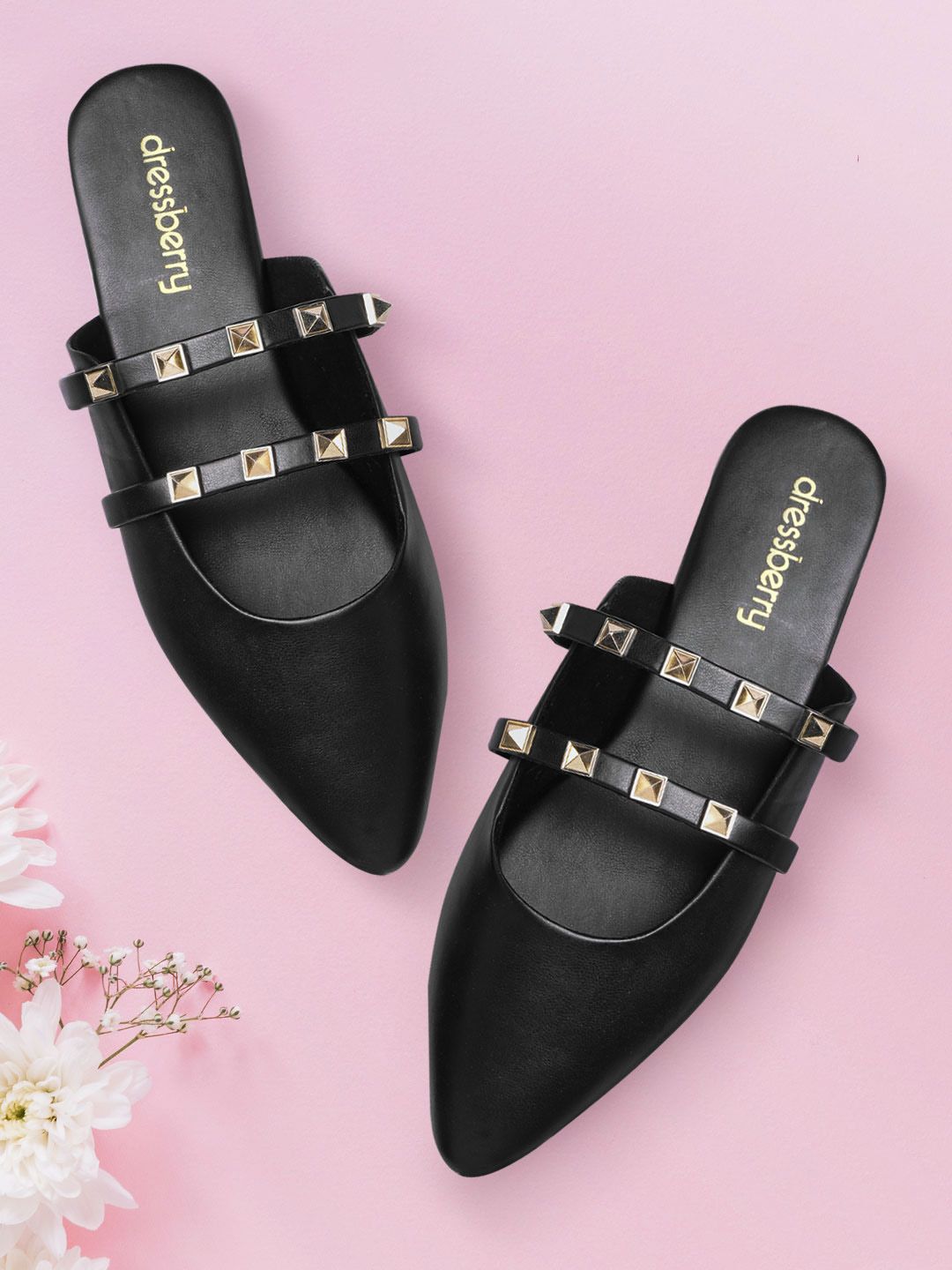 DressBerry Women Black & Gold-Toned Embellished Mules Price in India