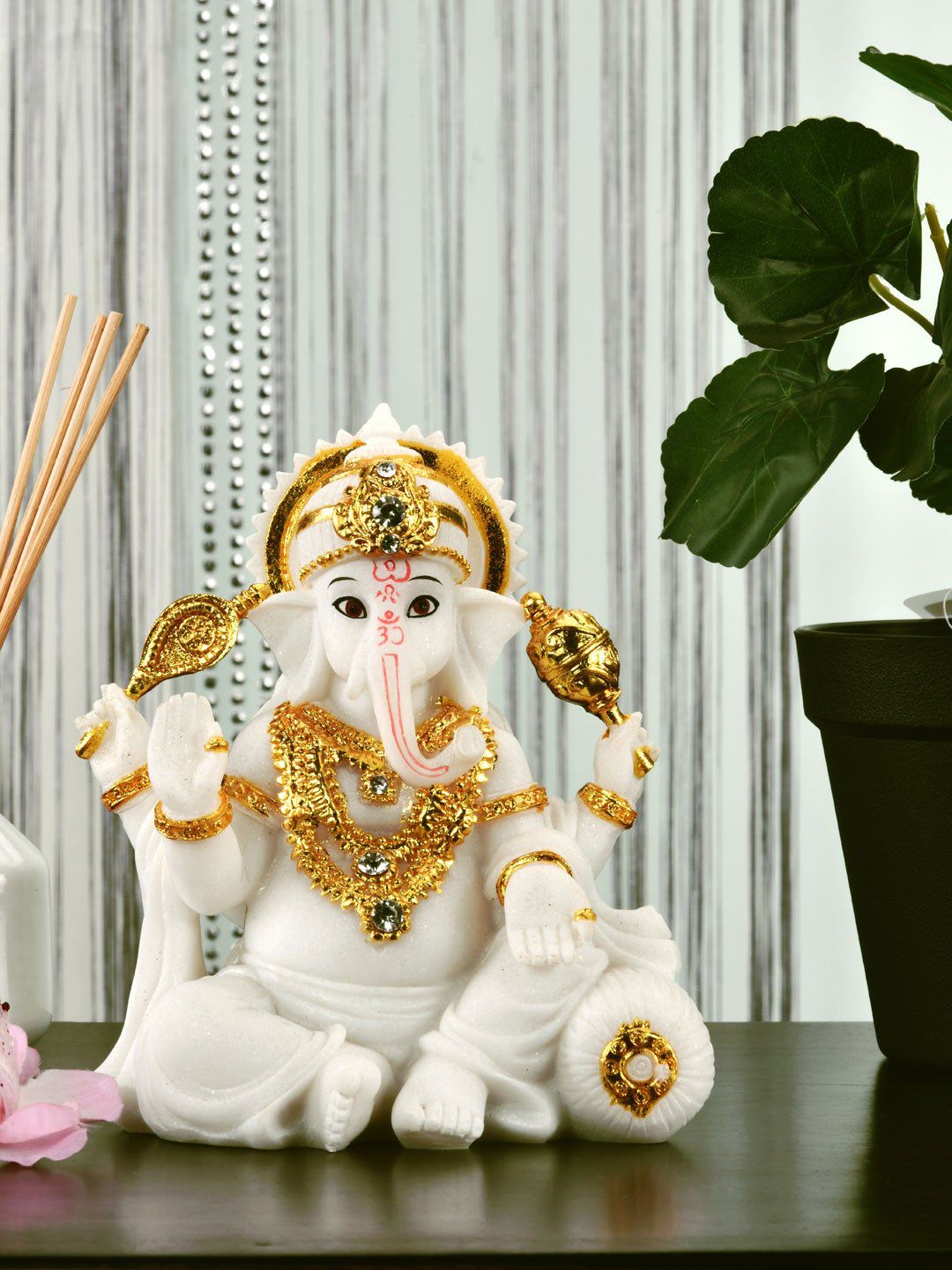 Athome by Nilkamal White And Gold Ganesha On Cushion Showpiece Price in India
