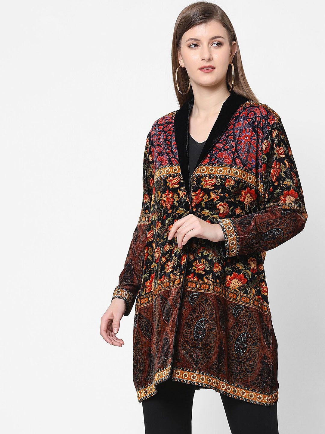 Cloth Haus India Women Black & Red Floral Longline Open Front Jacket Price in India